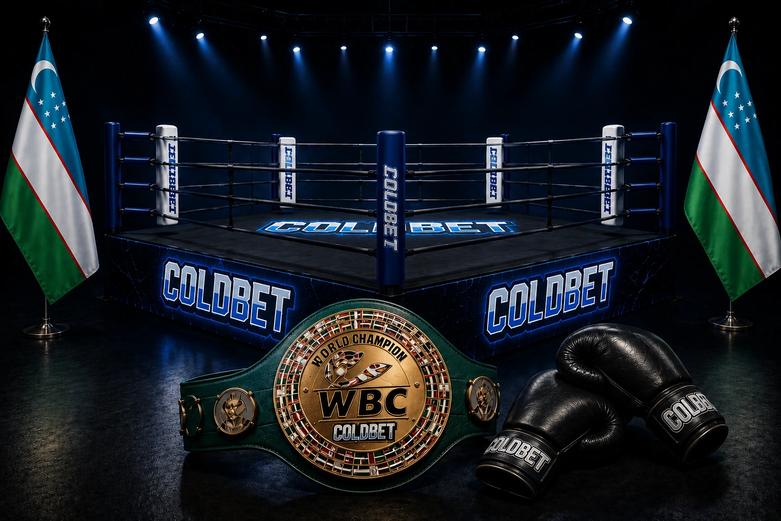 Ахмадалиев Москеда WBC — ринг, пояс чемпиона, перчатки Coldbet